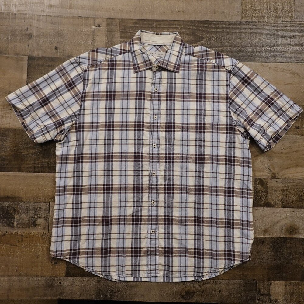 James Campbell‎ Plaid Button Shirt Men’s XL Brown Tan Short Sleeve Casual